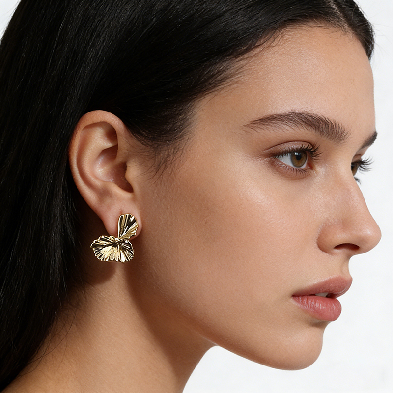Gold-Tone Textured Ginkgo Leaf Stud Earrings