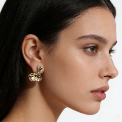 Gold-Tone Textured Ginkgo Leaf Stud Earrings