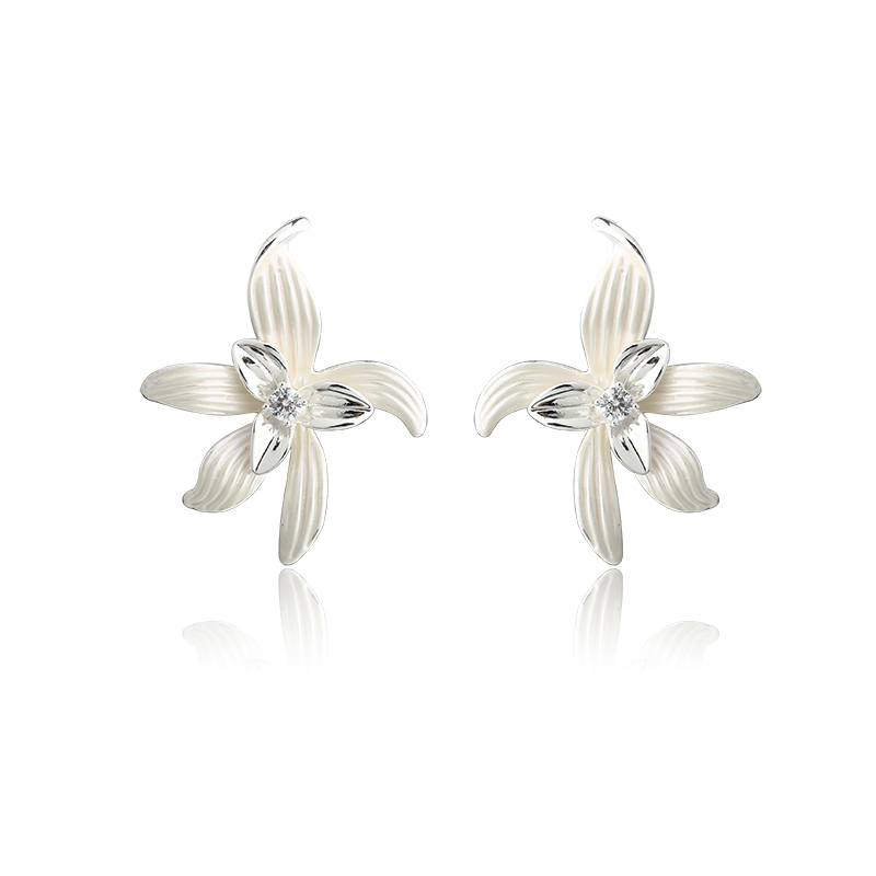 Lily Flower Style White Enamel Silver-Tone Earrings