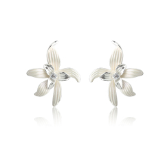 Lily Flower Style White Enamel Silver-Tone Earrings