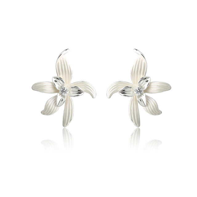 Lily Flower Style White Enamel Silver-Tone Earrings