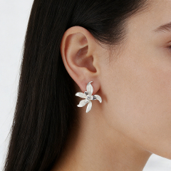 Lily Flower Style White Enamel Silver-Tone Earrings