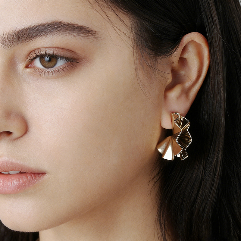 Gold-Tone Faceted Fan-Shaped Copper Stud Earrings