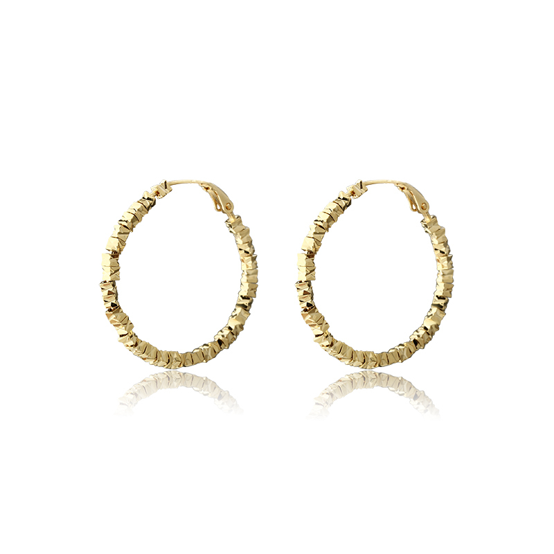 Gold-Tone Textured Square Bead Oval Huggie Earrings