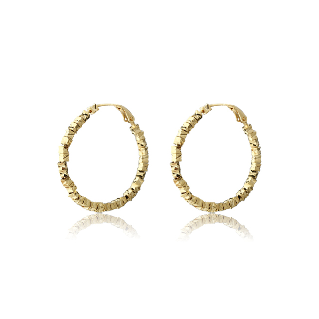 Gold-Tone Textured Square Bead Oval Huggie Earrings