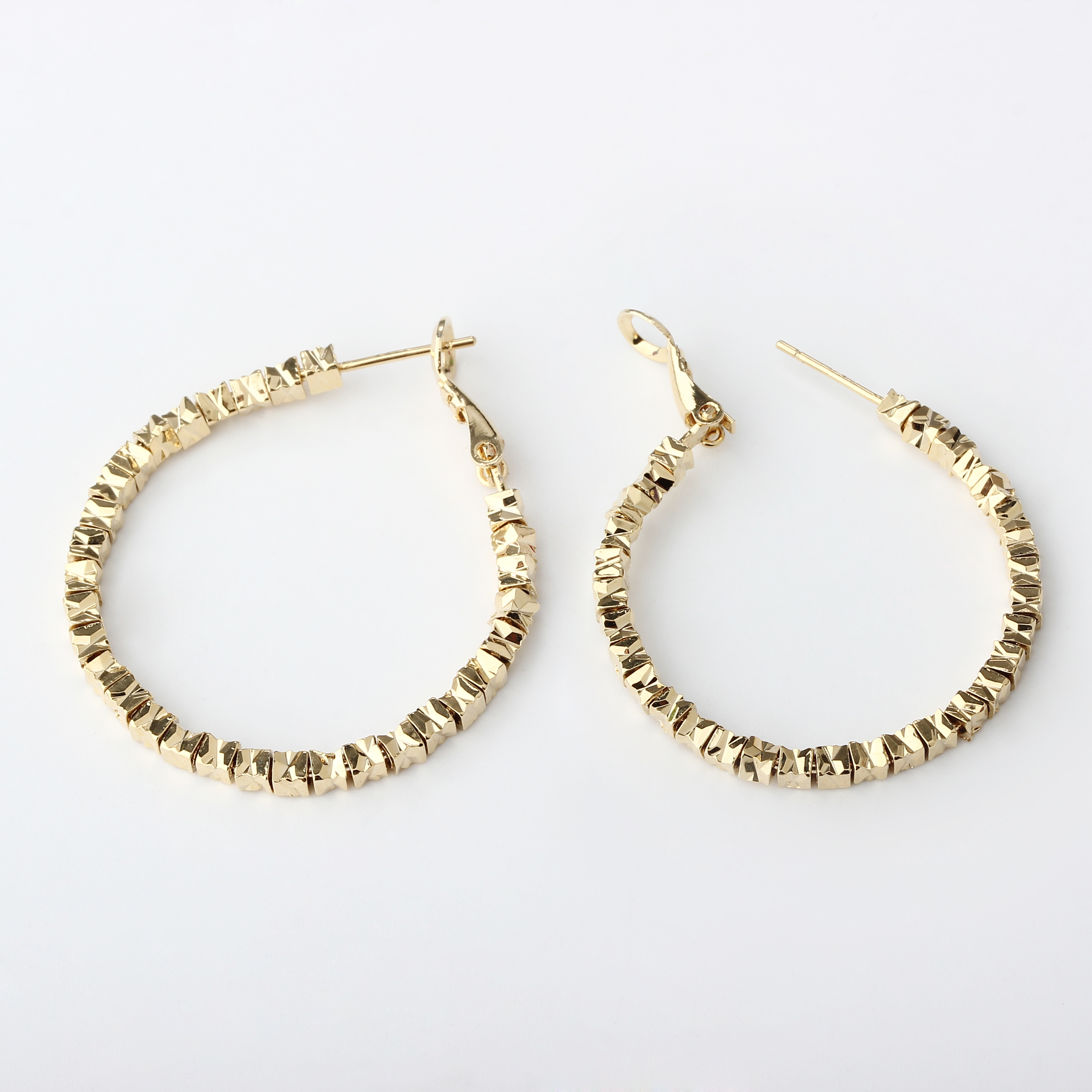 Gold-Tone Textured Square Bead Oval Huggie Earrings