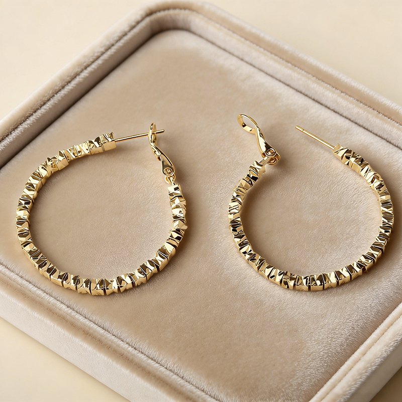 Gold-Tone Textured Square Bead Oval Huggie Earrings