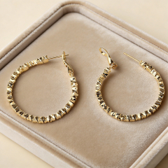 Gold-Tone Textured Square Bead Oval Huggie Earrings