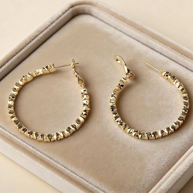 Gold-Tone Textured Square Bead Oval Huggie Earrings