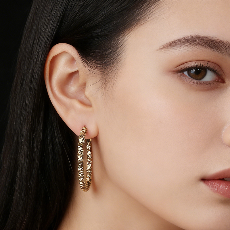 Gold-Tone Textured Square Bead Oval Huggie Earrings