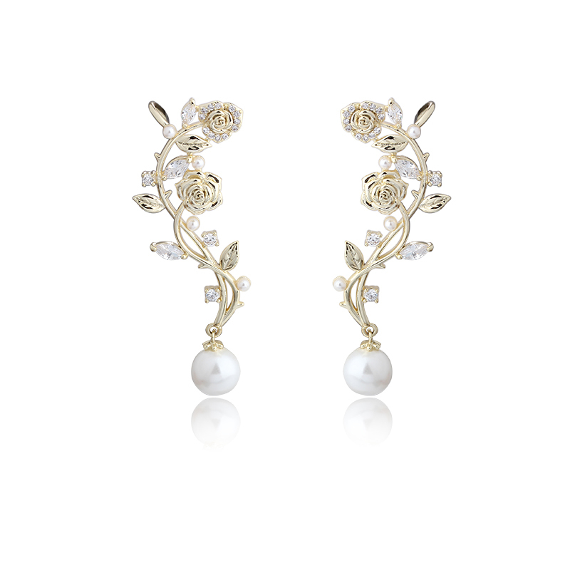 Gold-Tone Rose Vine & Shell Pearl Drop Earrings
