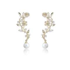 Gold-Tone Rose Vine & Shell Pearl Drop Earrings
