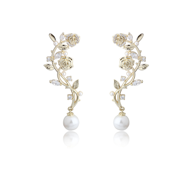 Gold-Tone Rose Vine & Shell Pearl Drop Earrings