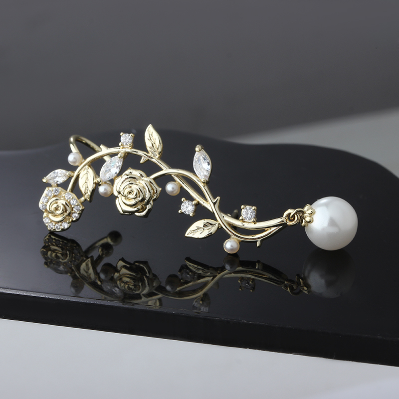 Gold-Tone Rose Vine & Shell Pearl Drop Earrings