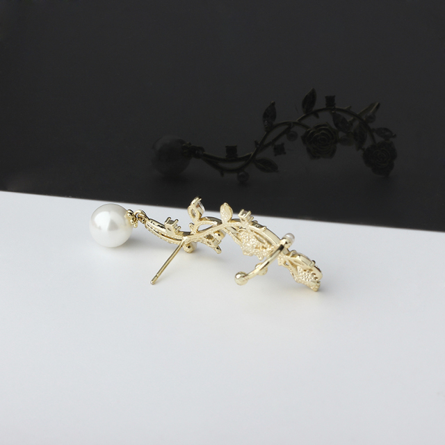 Gold-Tone Rose Vine & Shell Pearl Drop Earrings