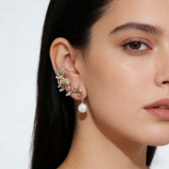 Gold-Tone Rose Vine & Shell Pearl Drop Earrings