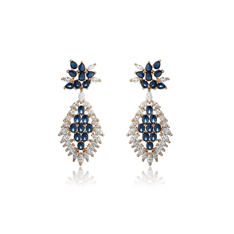 Gold-Tone Sapphire Blue CZ Teardrop Dangle Earrings