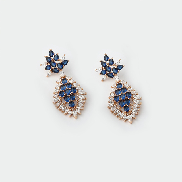Gold-Tone Sapphire Blue CZ Teardrop Dangle Earrings