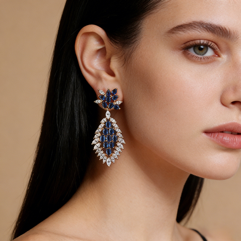 Gold-Tone Sapphire Blue CZ Teardrop Dangle Earrings