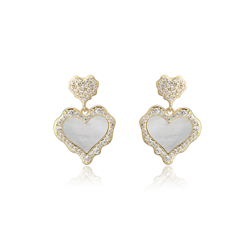 Gold-Tone Double Heart Shell Pearl & CZ Drop Earrings