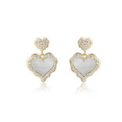 Gold-Tone Double Heart Shell Pearl & CZ Drop Earrings