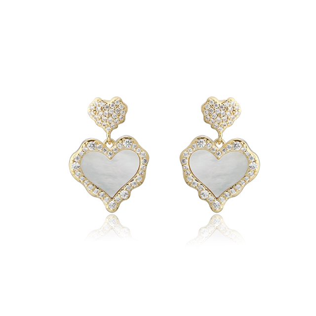 Gold-Tone Double Heart Shell Pearl & CZ Drop Earrings