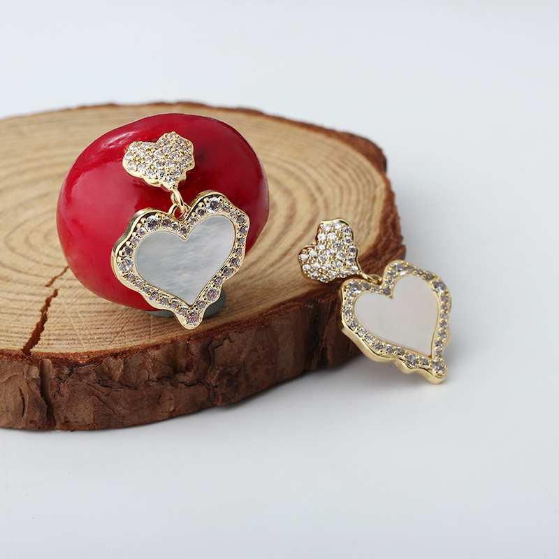 Gold-Tone Double Heart Shell Pearl & CZ Drop Earrings