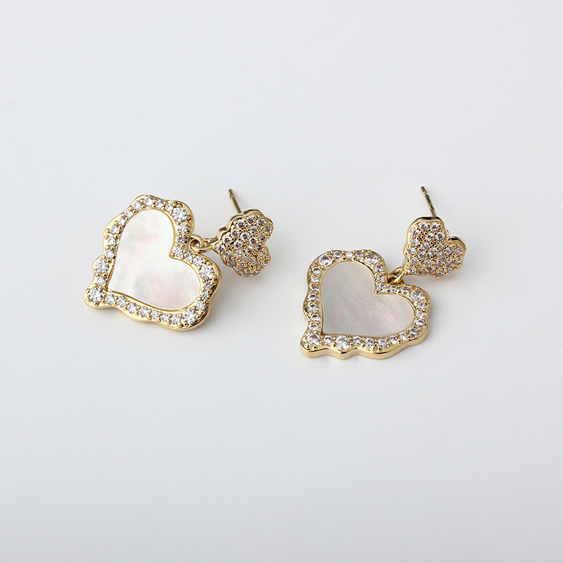 Gold-Tone Double Heart Shell Pearl & CZ Drop Earrings