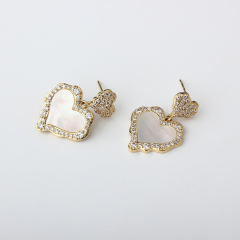 Gold-Tone Double Heart Shell Pearl & CZ Drop Earrings