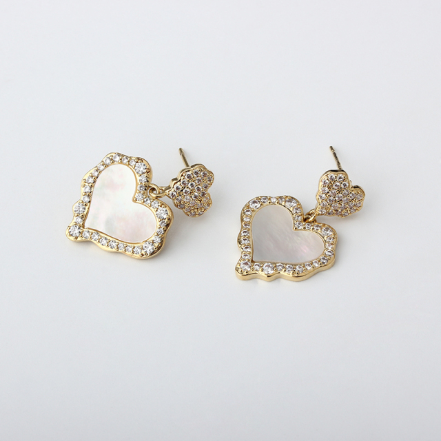 Gold-Tone Double Heart Shell Pearl & CZ Drop Earrings