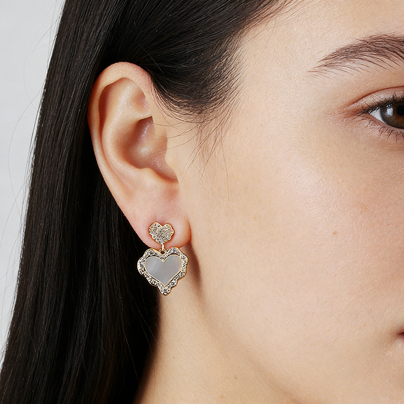 Gold-Tone Double Heart Shell Pearl & CZ Drop Earrings