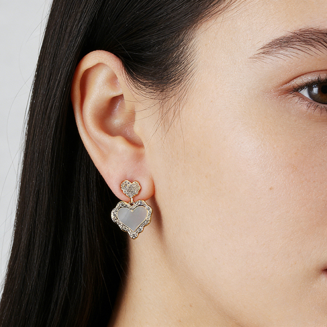 Gold-Tone Double Heart Shell Pearl & CZ Drop Earrings