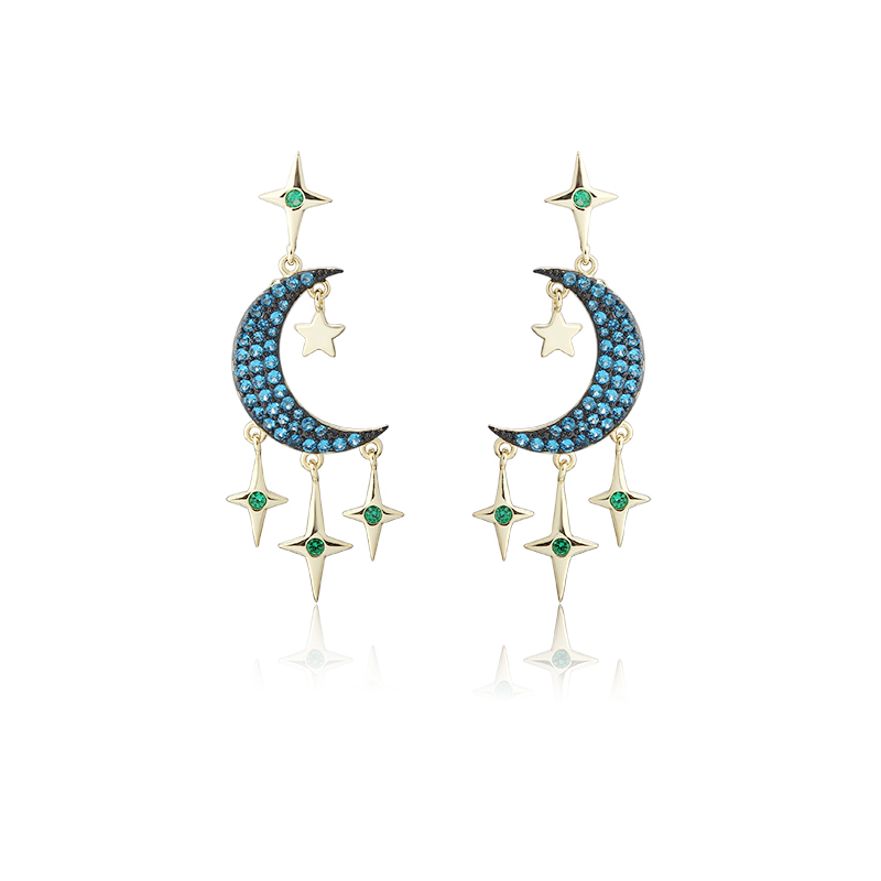 Gold-Tone Moon & Star Blue CZ Dangle Earrings