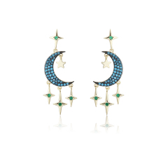 Gold-Tone Moon & Star Blue CZ Dangle Earrings