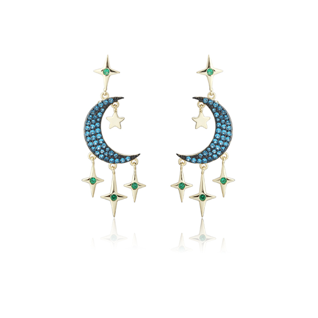 Gold-Tone Moon & Star Blue CZ Dangle Earrings