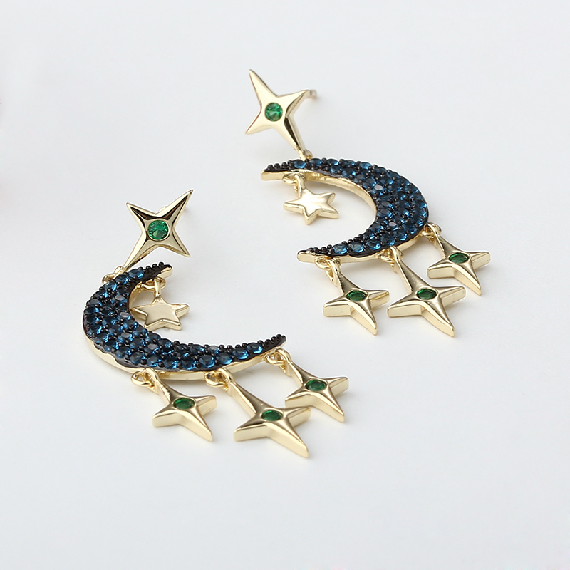 Gold-Tone Moon & Star Blue CZ Dangle Earrings