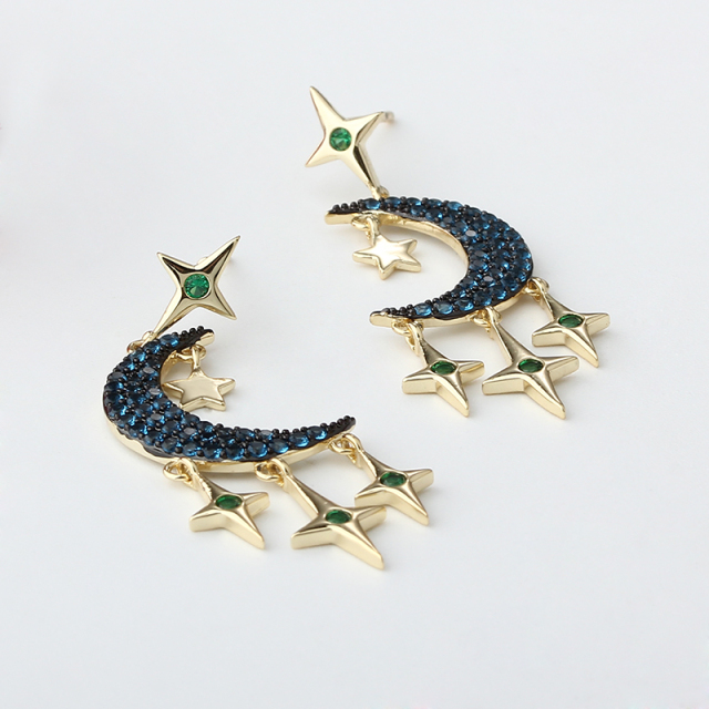 Gold-Tone Moon & Star Blue CZ Dangle Earrings
