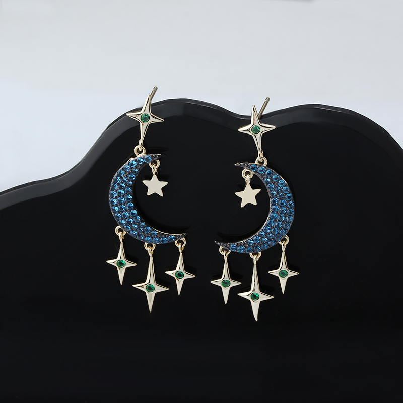 Gold-Tone Moon & Star Blue CZ Dangle Earrings