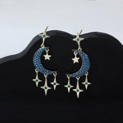 Gold-Tone Moon & Star Blue CZ Dangle Earrings