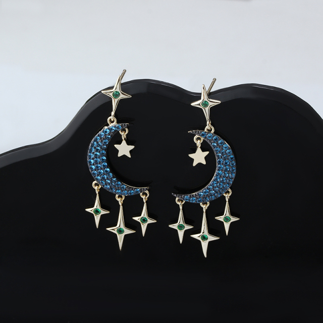 Gold-Tone Moon & Star Blue CZ Dangle Earrings