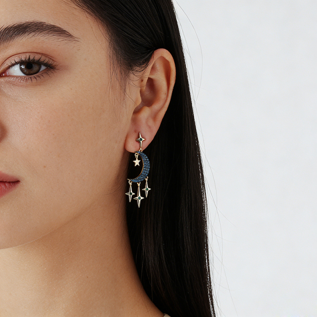 Gold-Tone Moon & Star Blue CZ Dangle Earrings