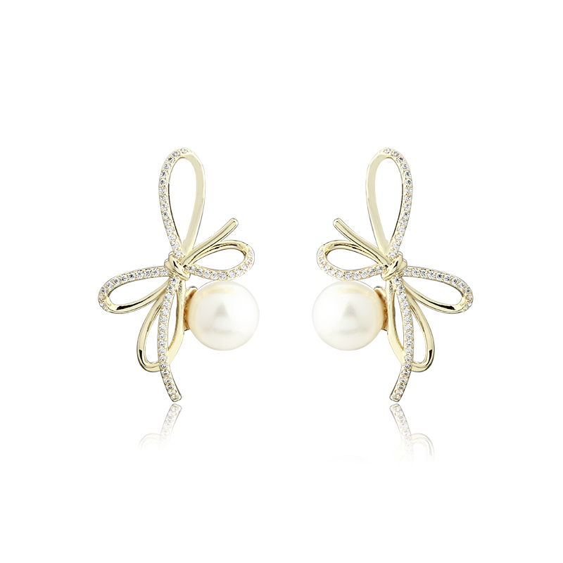 Gold-Tone Bow & Shell Pearl with CZ Stud Earrings
