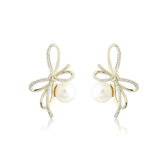 Gold-Tone Bow & Shell Pearl with CZ Stud Earrings