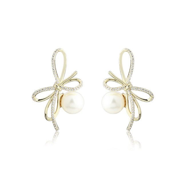 Gold-Tone Bow & Shell Pearl with CZ Stud Earrings