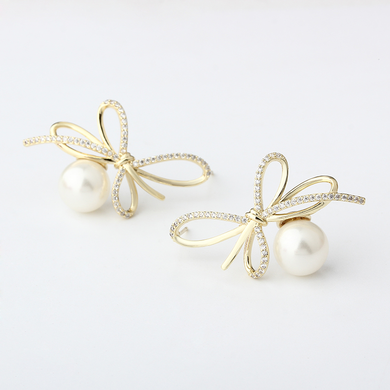 Gold-Tone Bow & Shell Pearl with CZ Stud Earrings