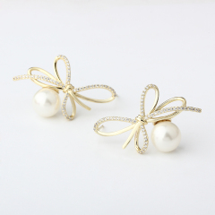 Gold-Tone Bow & Shell Pearl with CZ Stud Earrings