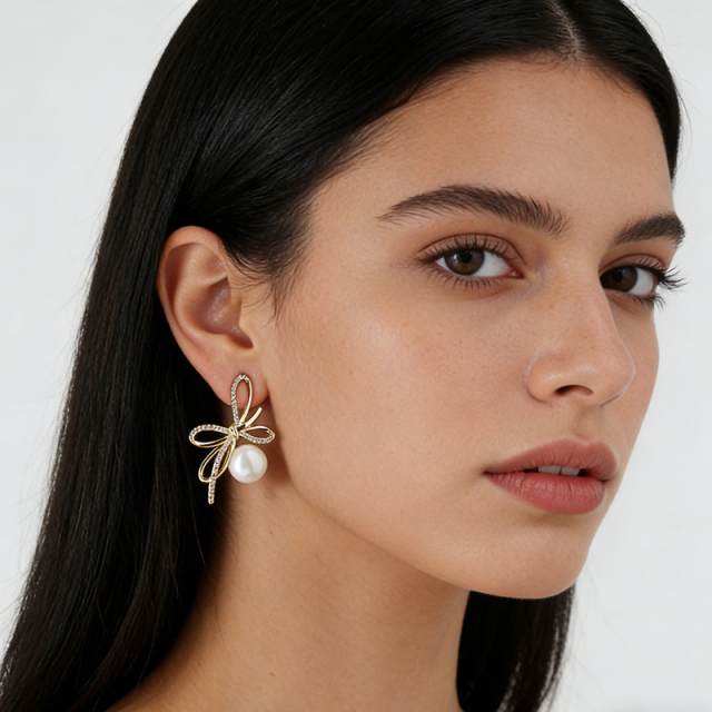 Gold-Tone Bow & Shell Pearl with CZ Stud Earrings