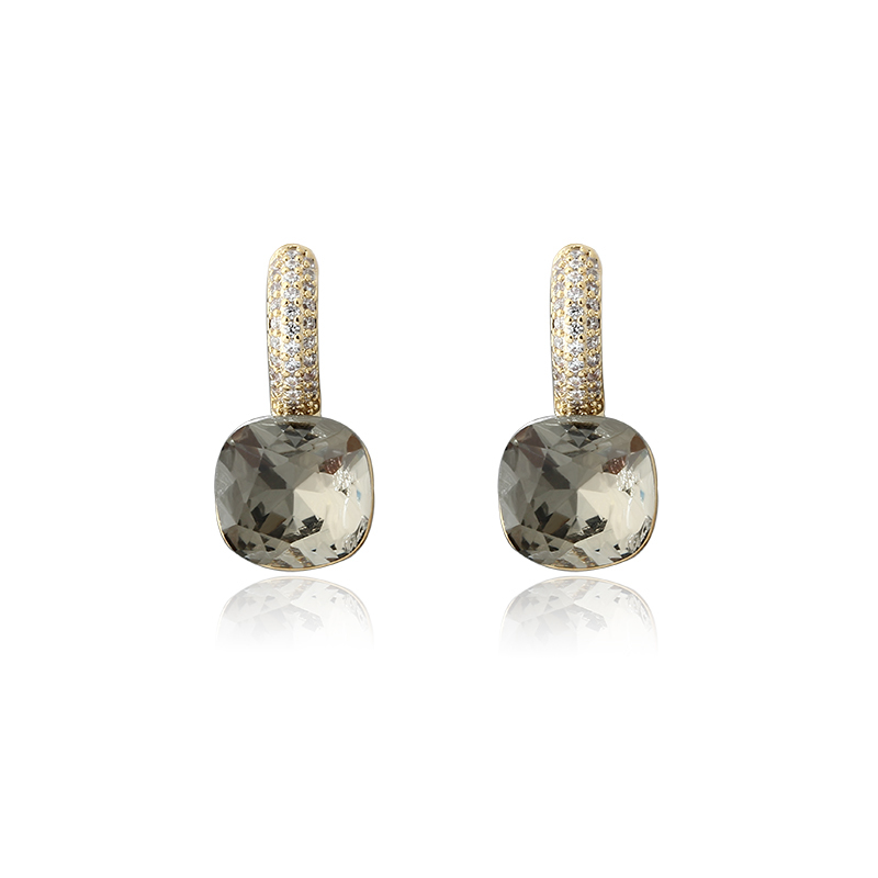 Gold-Tone Gray Crystal Cushion Cut & CZ Drop Earrings
