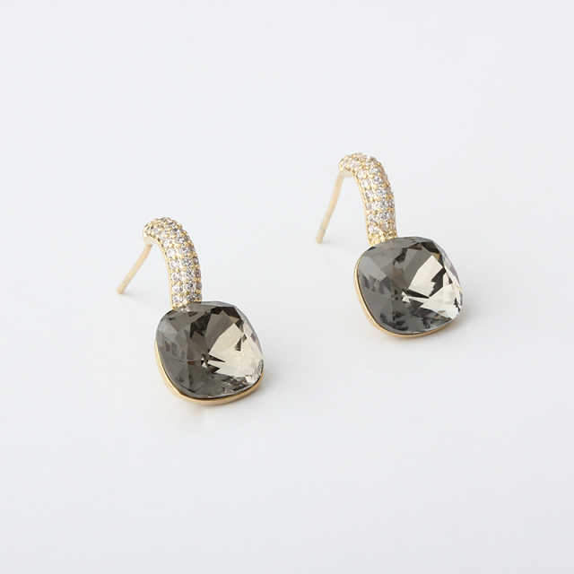 Gold-Tone Gray Crystal Cushion Cut & CZ Drop Earrings
