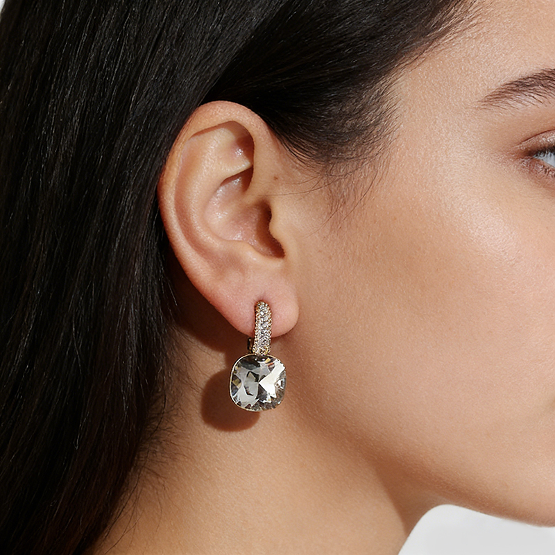 Gold-Tone Gray Crystal Cushion Cut & CZ Drop Earrings